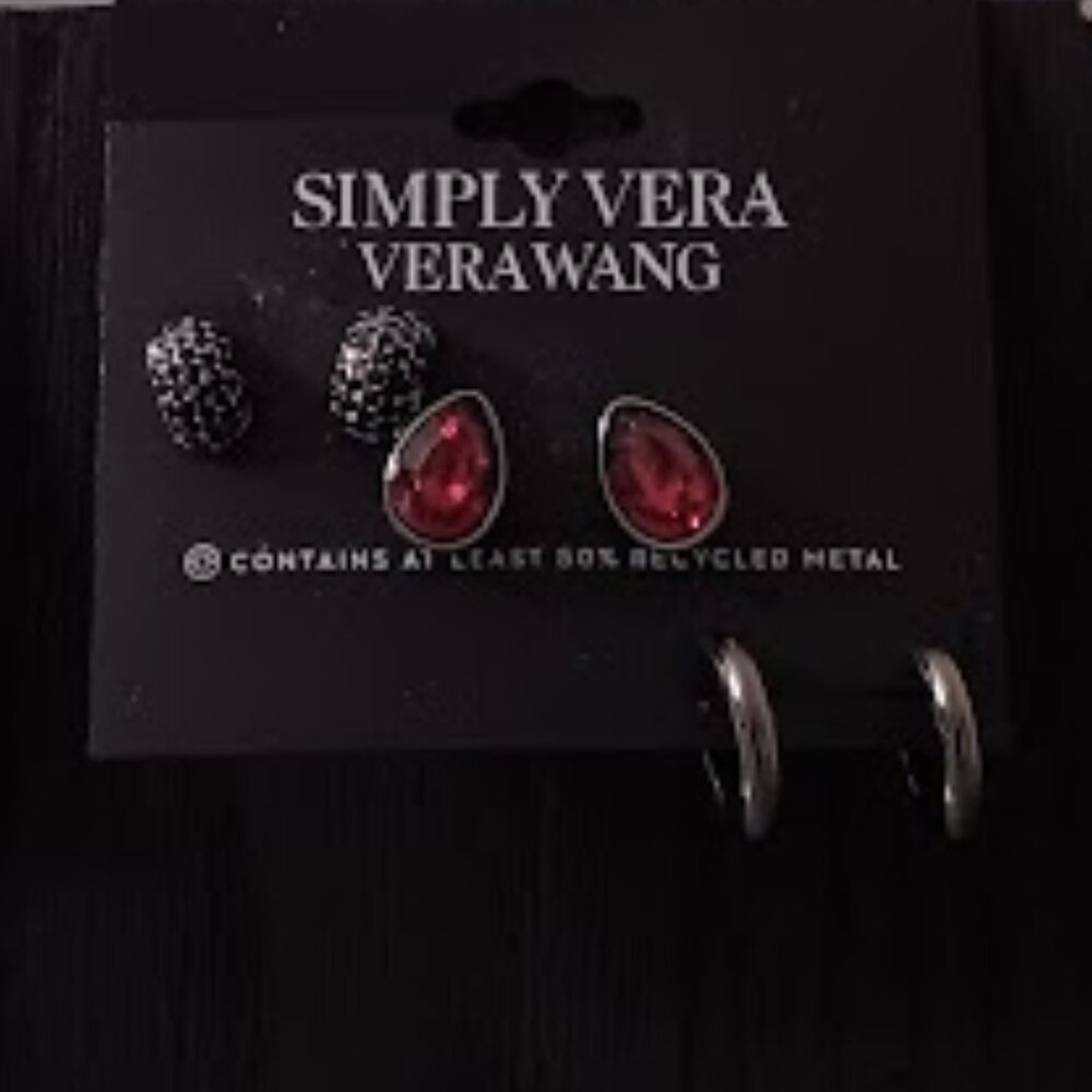 VERA WANG 3pc SET Gunmetal + Black Crystals/Red Teardrop Crystal/Hoop Earrings